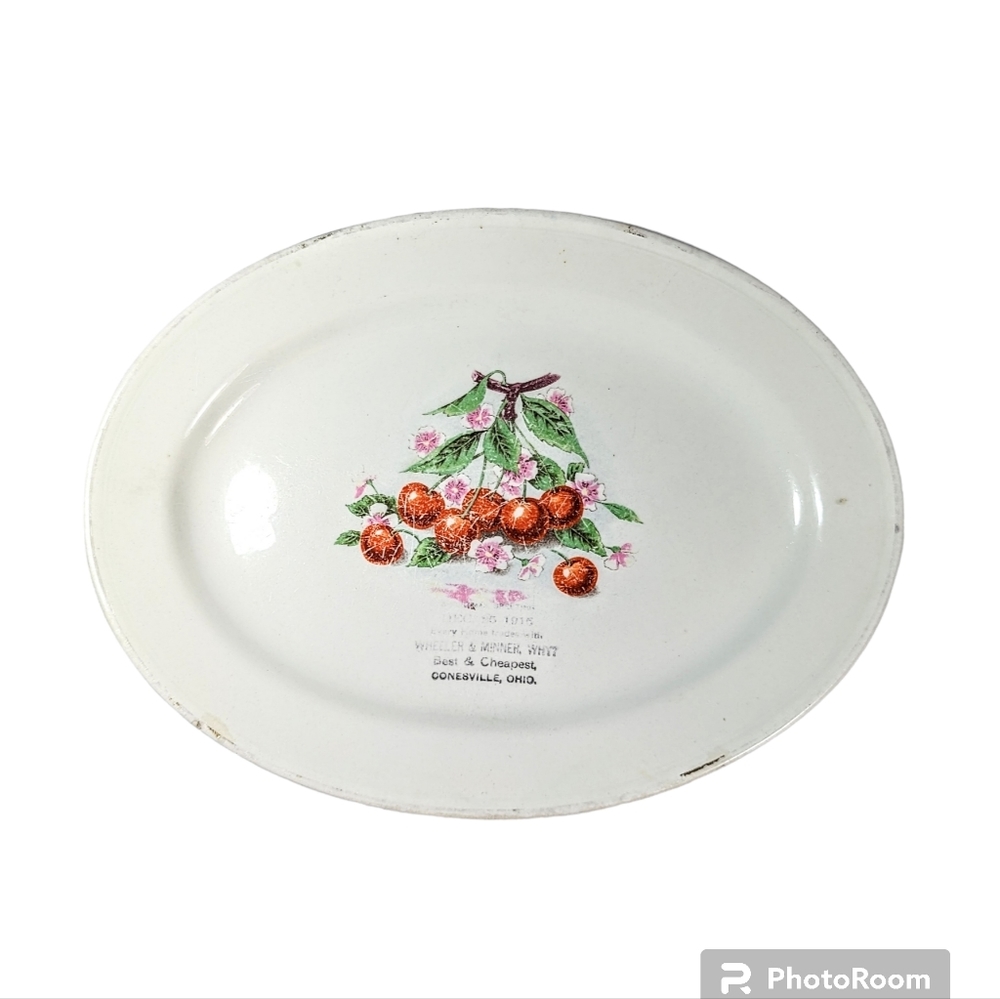 Vintage Antique Stoneware Advertising Platter Cherries And Blossoms